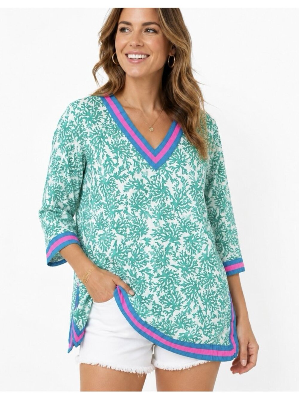Gretchen Scott Coral Reef Print Top Medium Green White Cotton Tunic Beach Resort